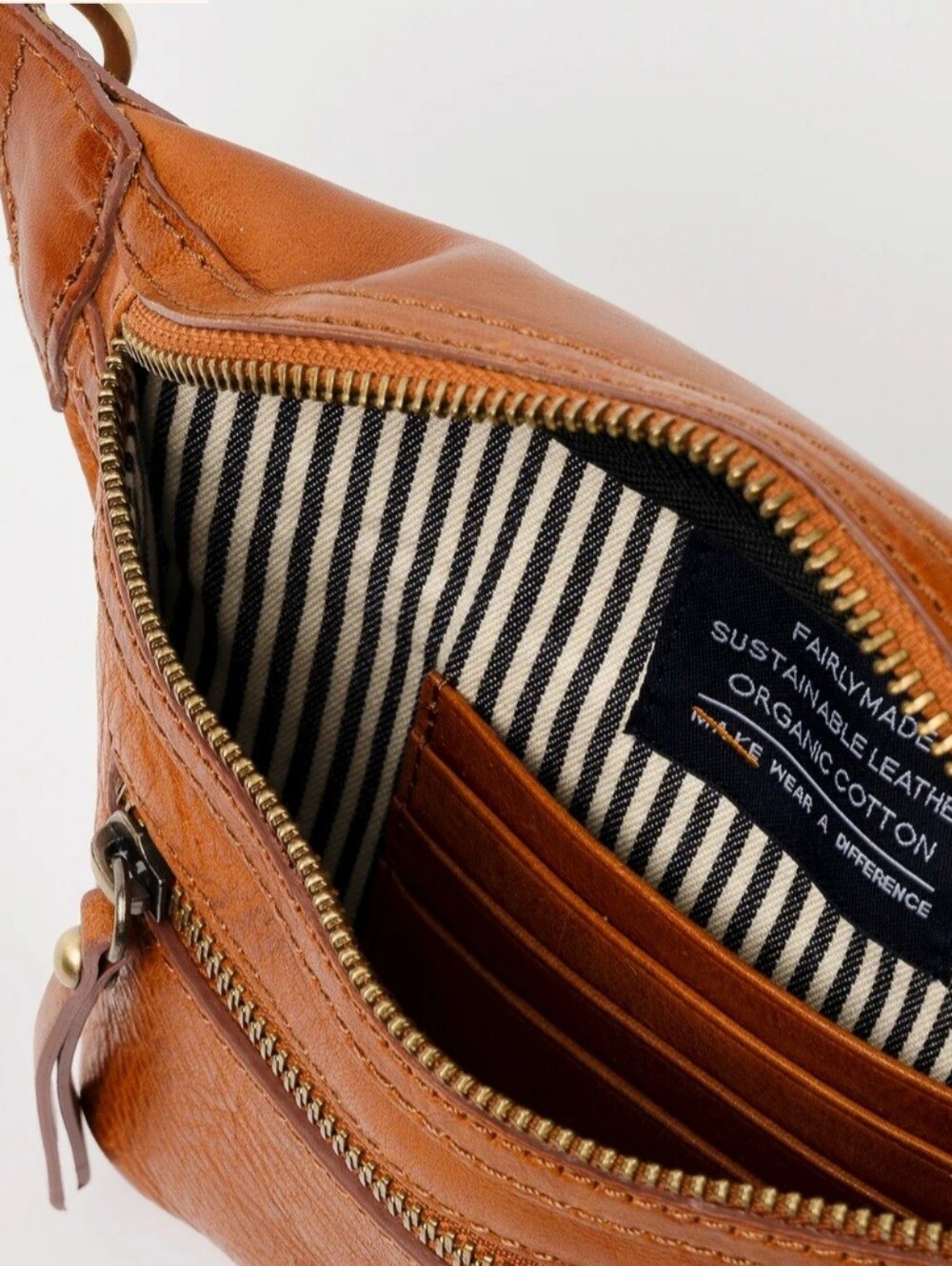 O MY BAG AMSTERDAM. Tan Leather Crossbody with Striped Canvas Strap. PRICE DROP - Picture 4 of 6